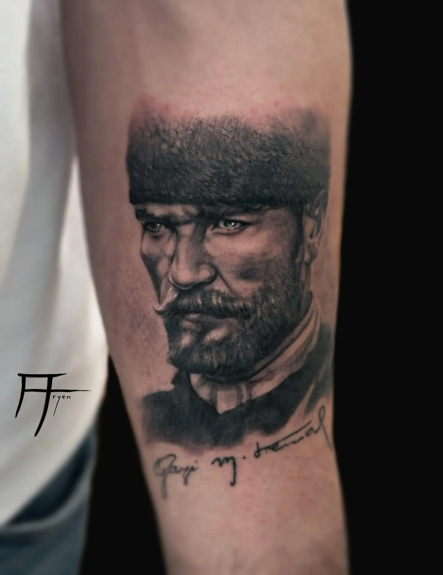 Cyprus Tattoo Artist Aryen – Blackwork Realism Atatürk on Forearm