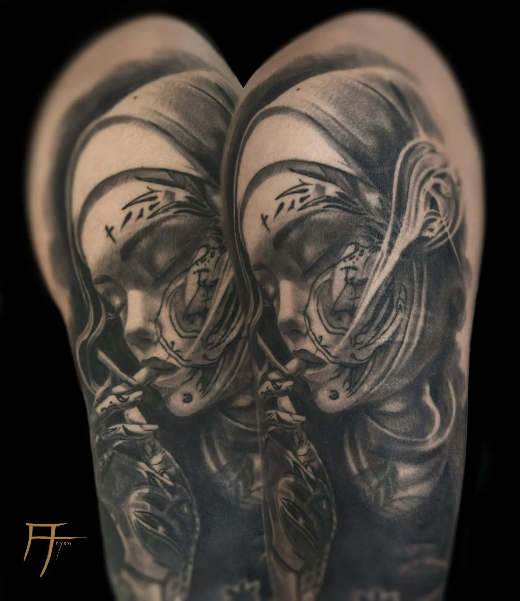 Religious Realism Tattoo – Female Portrait with Cross Design by Aryen