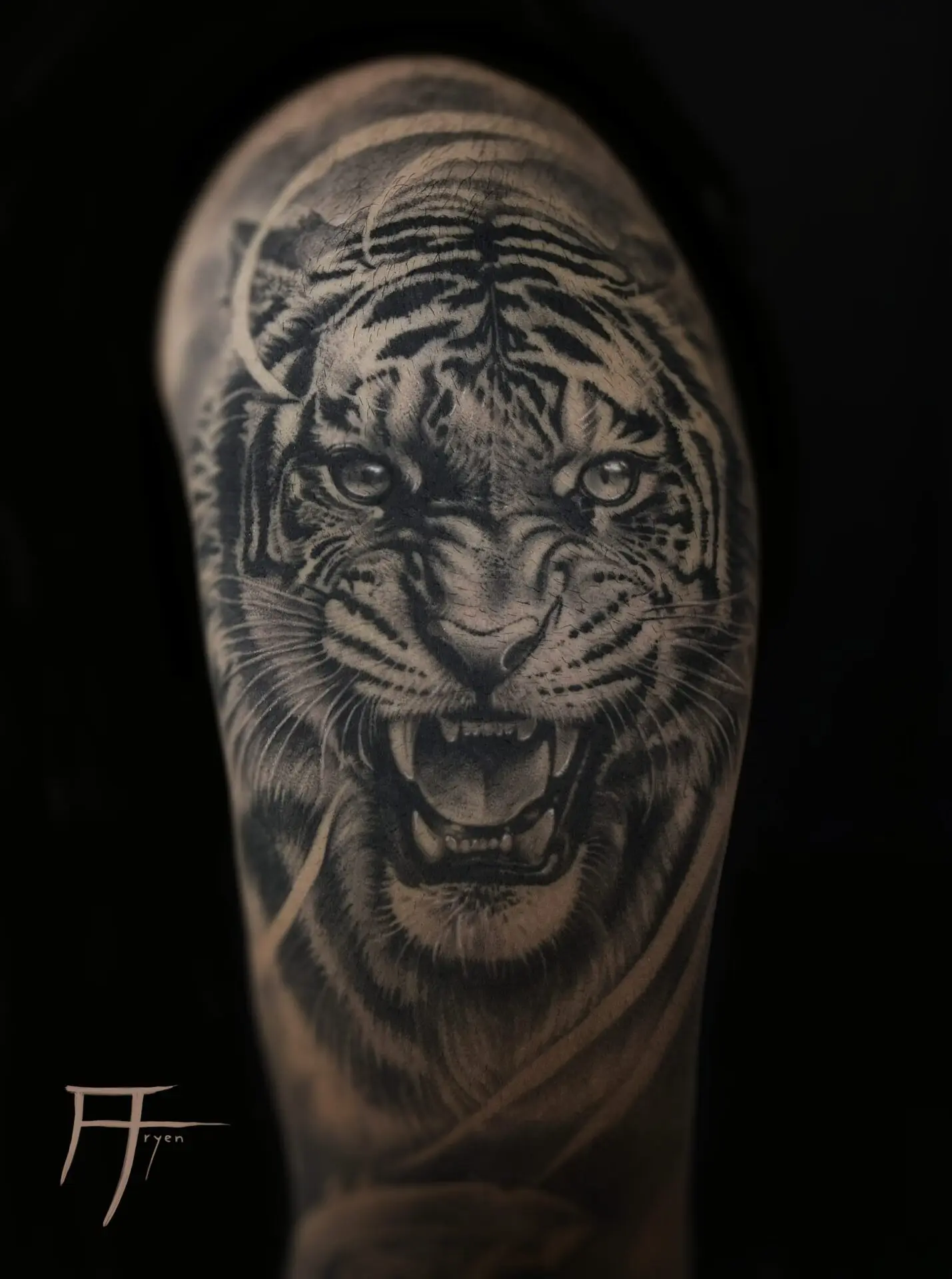 Black & Grey Tiger Tattoo – Realistic Arm Piece by Aryen Cagdas Can